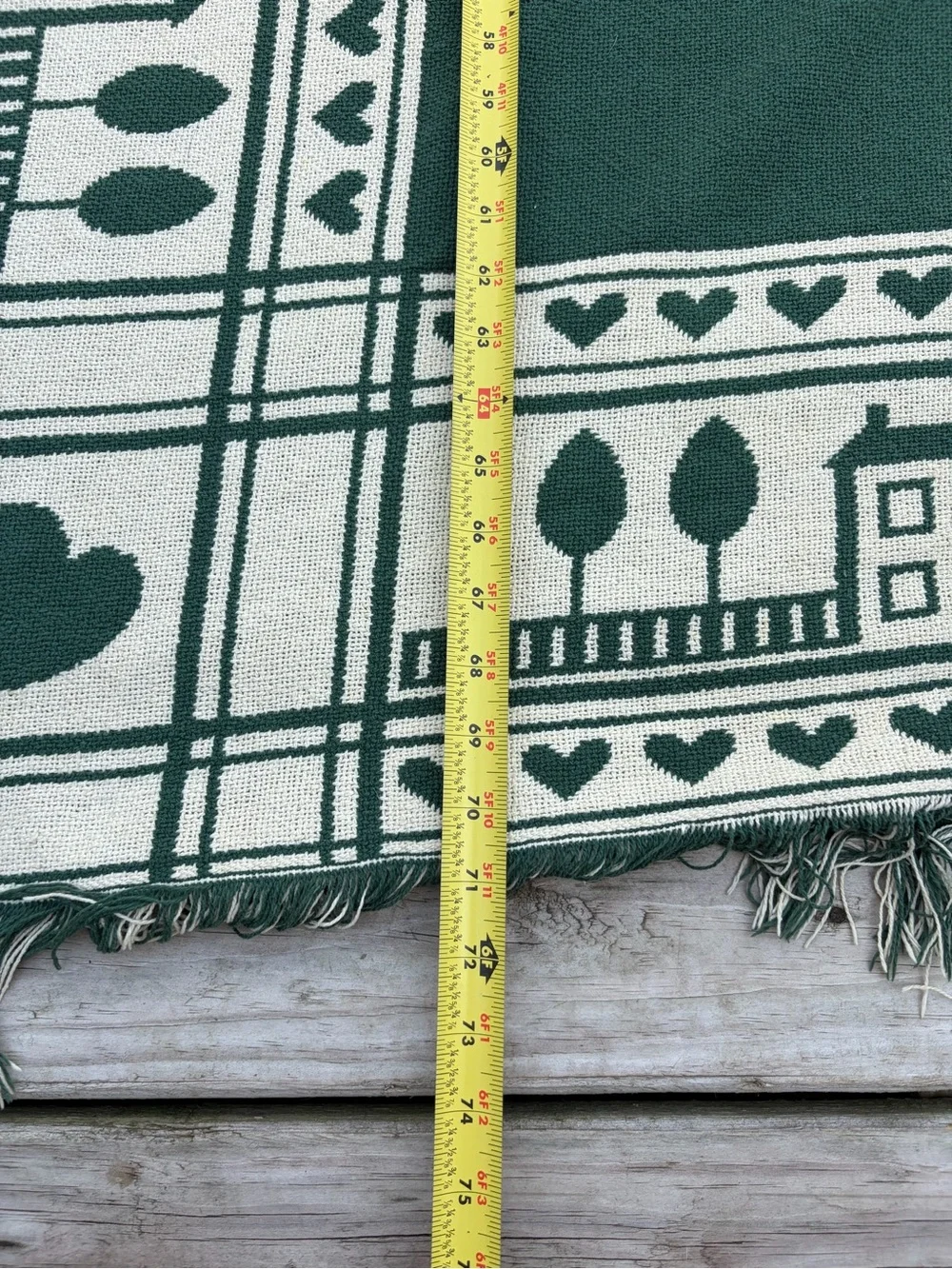 Vintage Green Cream Woven Throw Blanket Cottage Houses Hearts Fringe Farmhouse